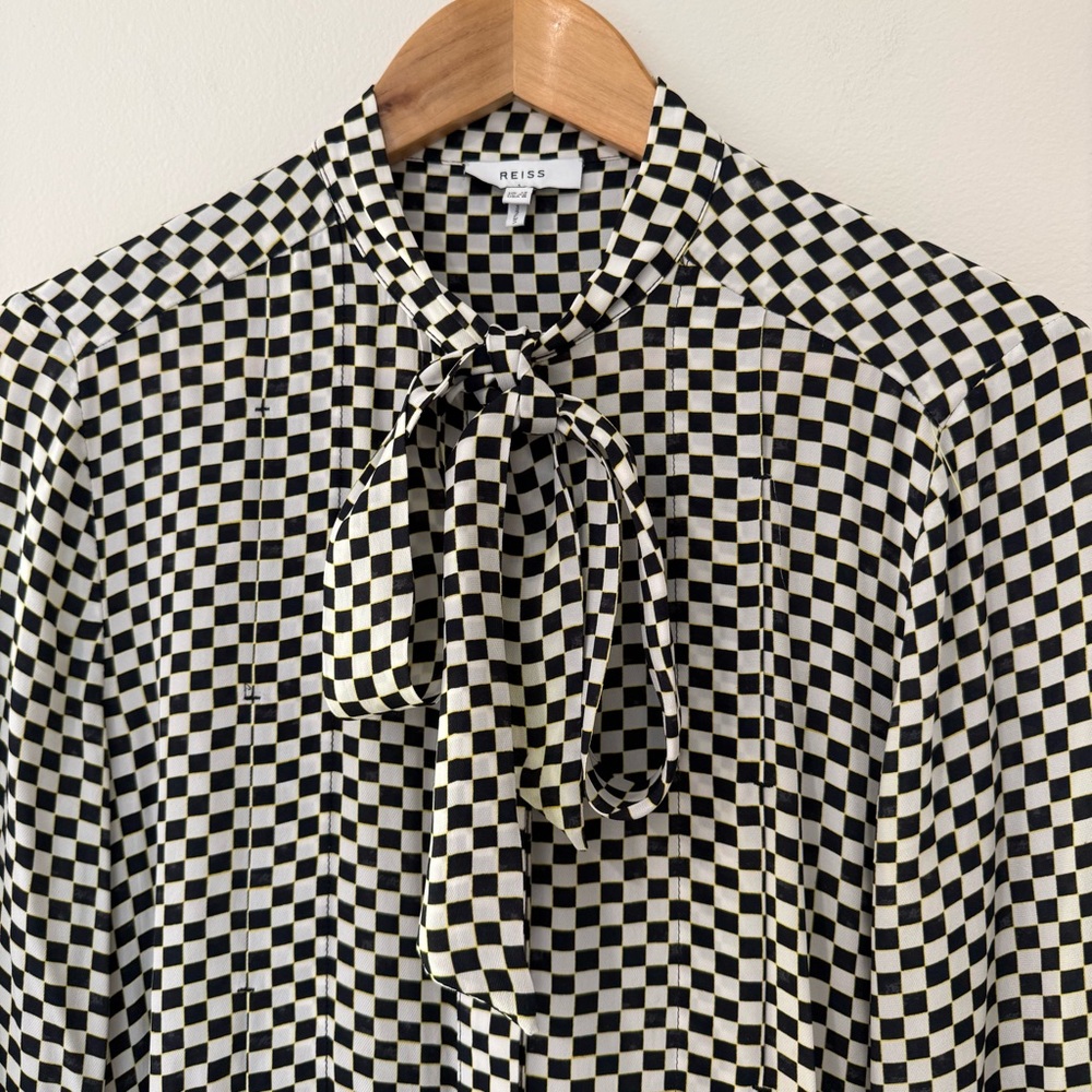 REISS Long Sleeve Bow Neck Button Down Check Print Blouse US 8 - Picture 3 of 7